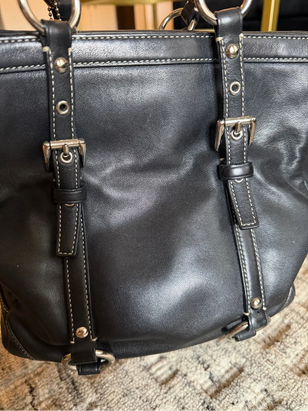 Vintage Coach Black Leather Tote Bag with Silver Hardware